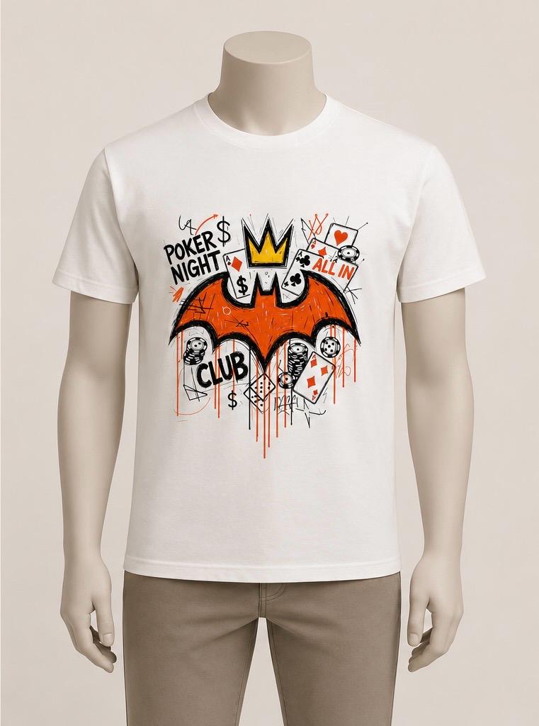 All In Bat tee — orange graffiti bat print on a bone tee