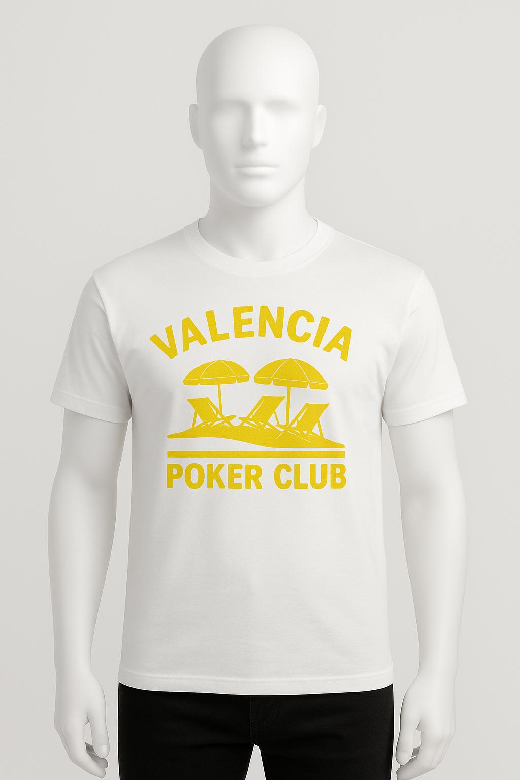 Beach Club tee — yellow print of sunbeds and umbrellas on a bone tee