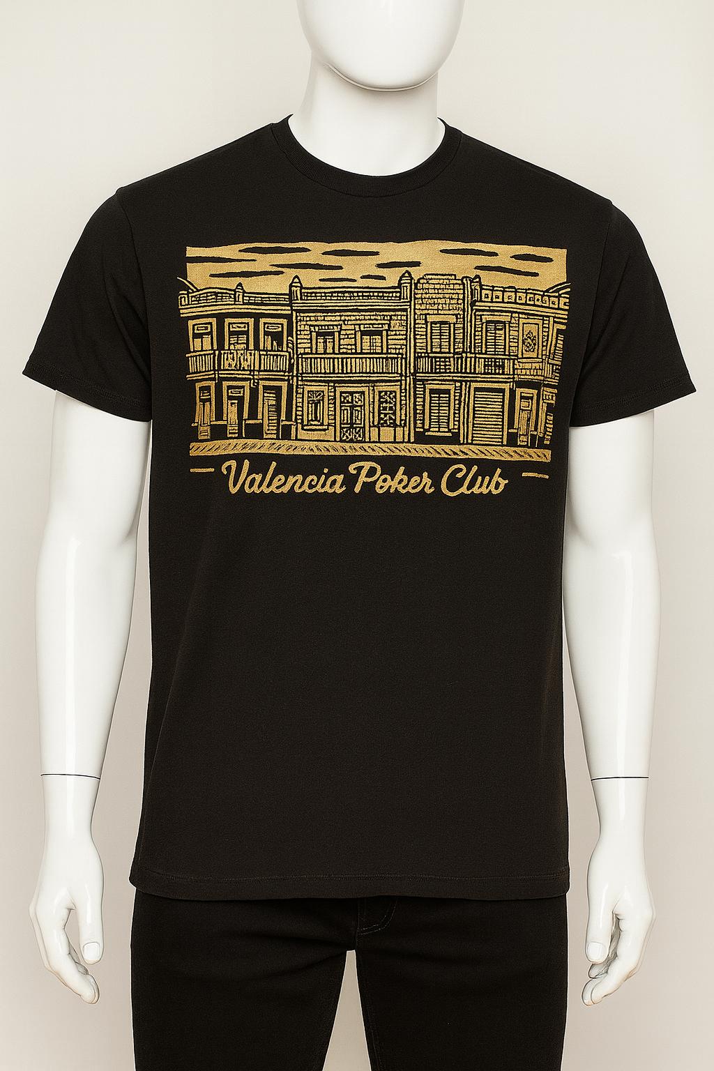 Cabanyal tee — gold print of El Cabanyal houses on a black tee