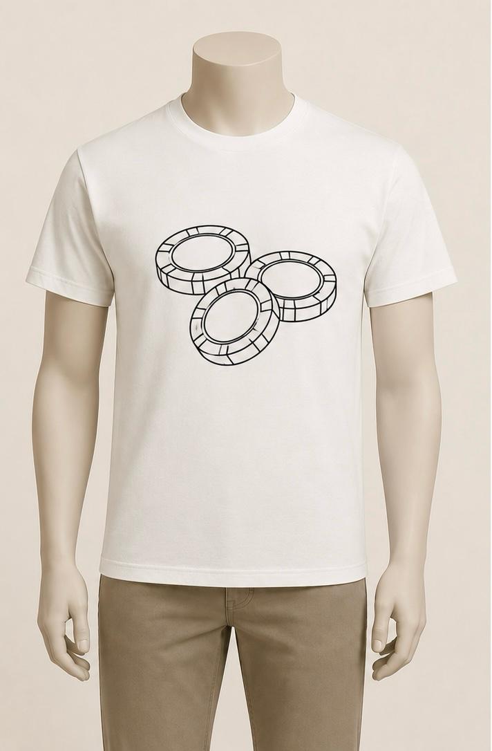 Three Chips tee — black line-art poker chips on a bone tee
