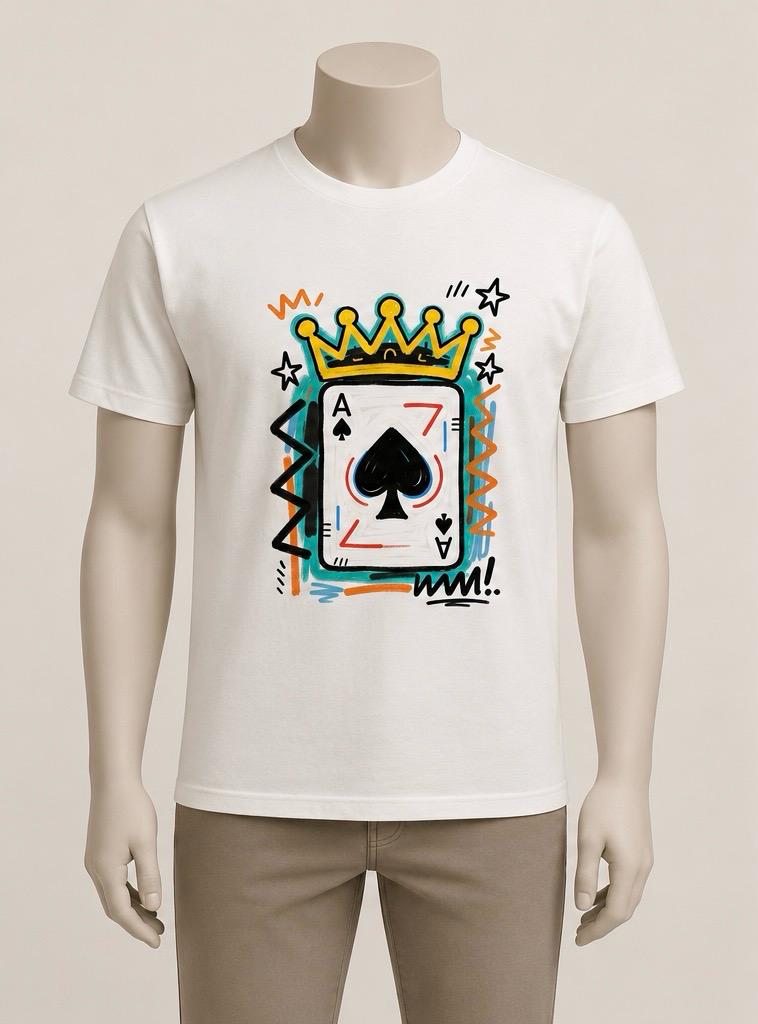 Crowned Ace tee — multicolor graffiti ace of spades on a bone tee