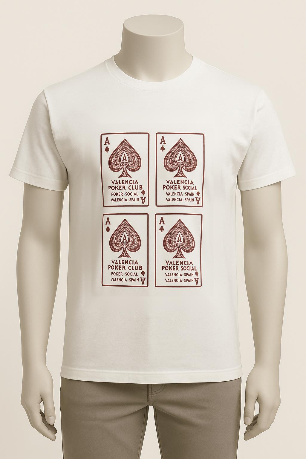 Four Aces tee — maroon Warhol-style grid of ace cards on a bone tee