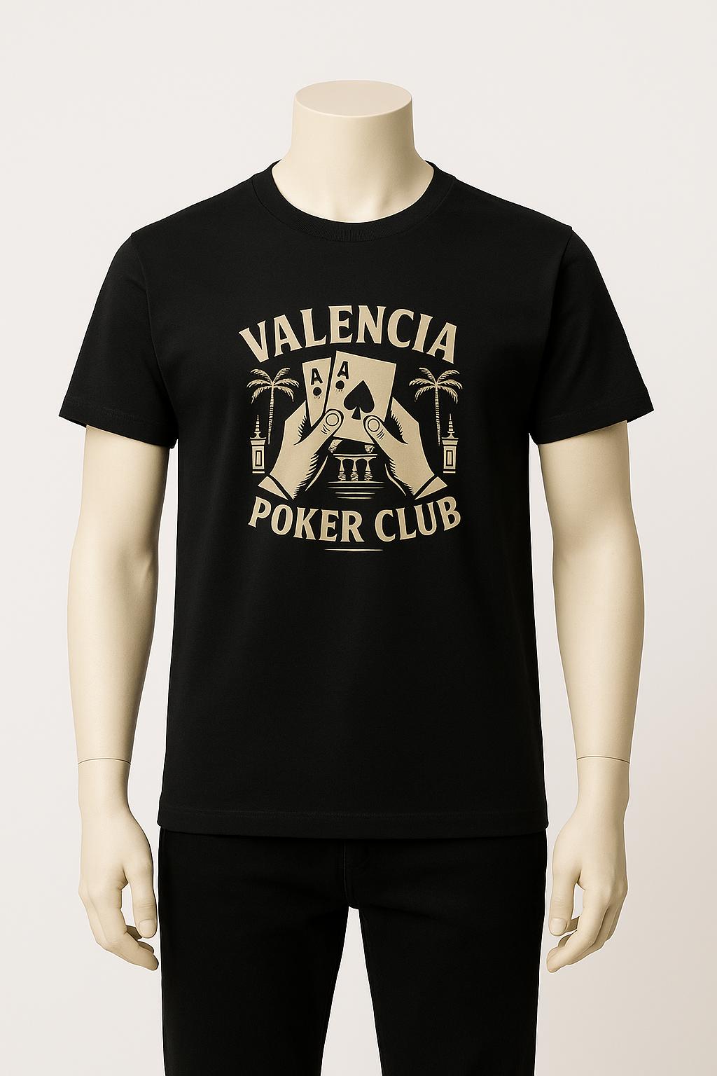 Palms tee — cream print of hands holding cards between palm trees on a black tee