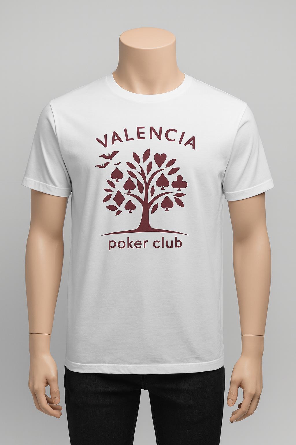 Poker Tree tee — maroon print of a tree made of card suits and bats on a bone tee