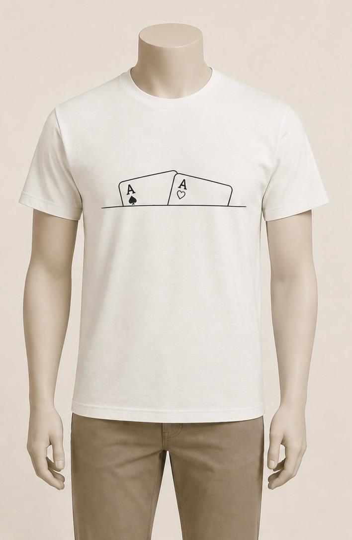 Two Aces tee — minimal black line-art of two leaning aces on a bone tee