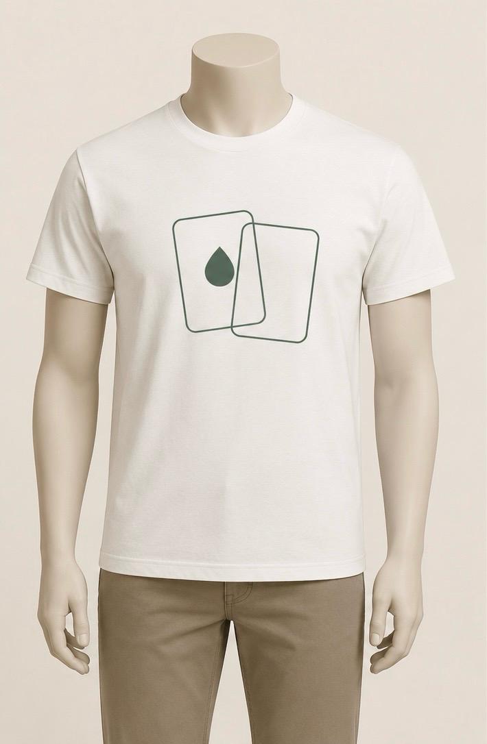 The River tee — felt green cards and drop print on a bone tee